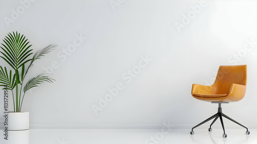 Crystal-clear shot of a minimalist home office setup, ergonomic chair, plant accent photo