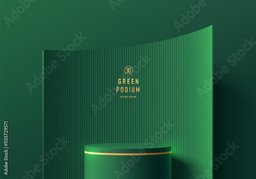 Dark green 3D cylindrical podium background with curve backdrop. Studio wall scene. Minimalist mockup pedestal. Abstract stand product display presentation. Stage for showcase. Vector platform design.