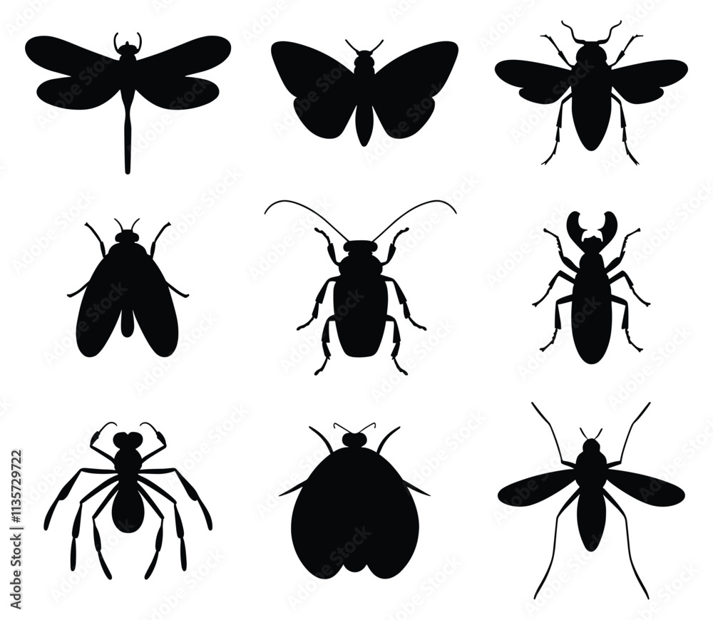 Set of insect silhouettes vector illustration