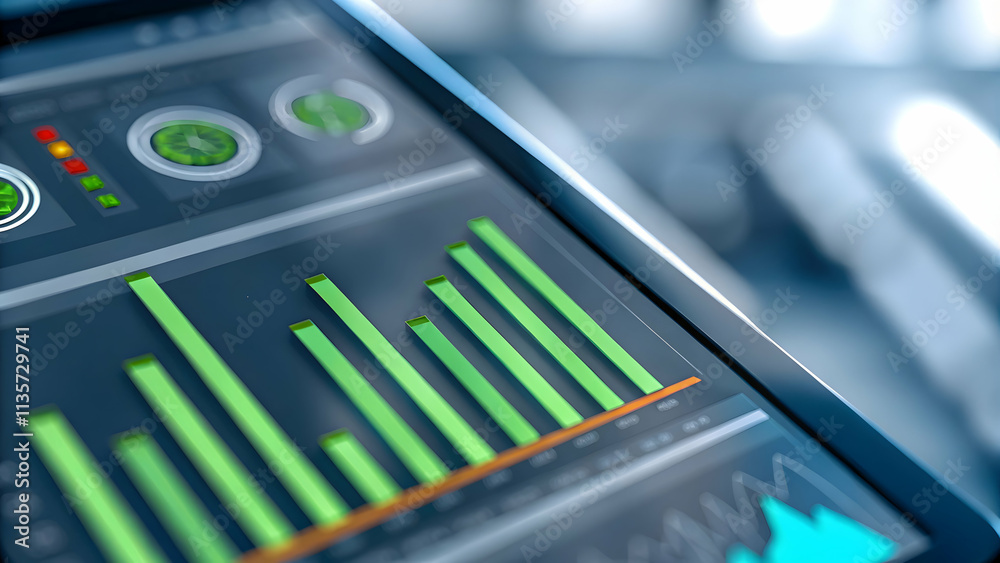 Fototapeta premium Close Up Eco Friendly Financial Dashboard Laptop Screen Green Analytics Digital Sustainability Concept Stock Photo