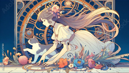 A cel-style illustration of a cat and a girl.generated by AI.