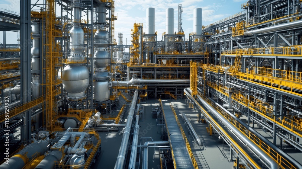 High-angle view of a large industrial refinery complex with intricate pipework and structures. Illustrates the scale and complexity of petrochemical processing for various applications. High-angle view of a large industrial refinery complex with intricate pipework and structures. Illustrates the scale and complexity of petrochemical processing for various applications.
