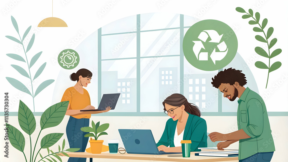 Team Using Biodegradable Materials in Eco-Friendly Office Environment Promoting Sustainability with Text Space Team Using Biodegradable Materials in Eco-Friendly Office Environment Promoting Sustainability with Text Space