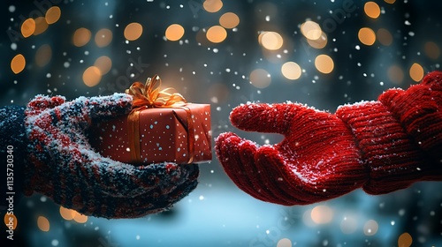 Two hands exchanging a gift, snowy background, bokeh lights, red mittens. photo