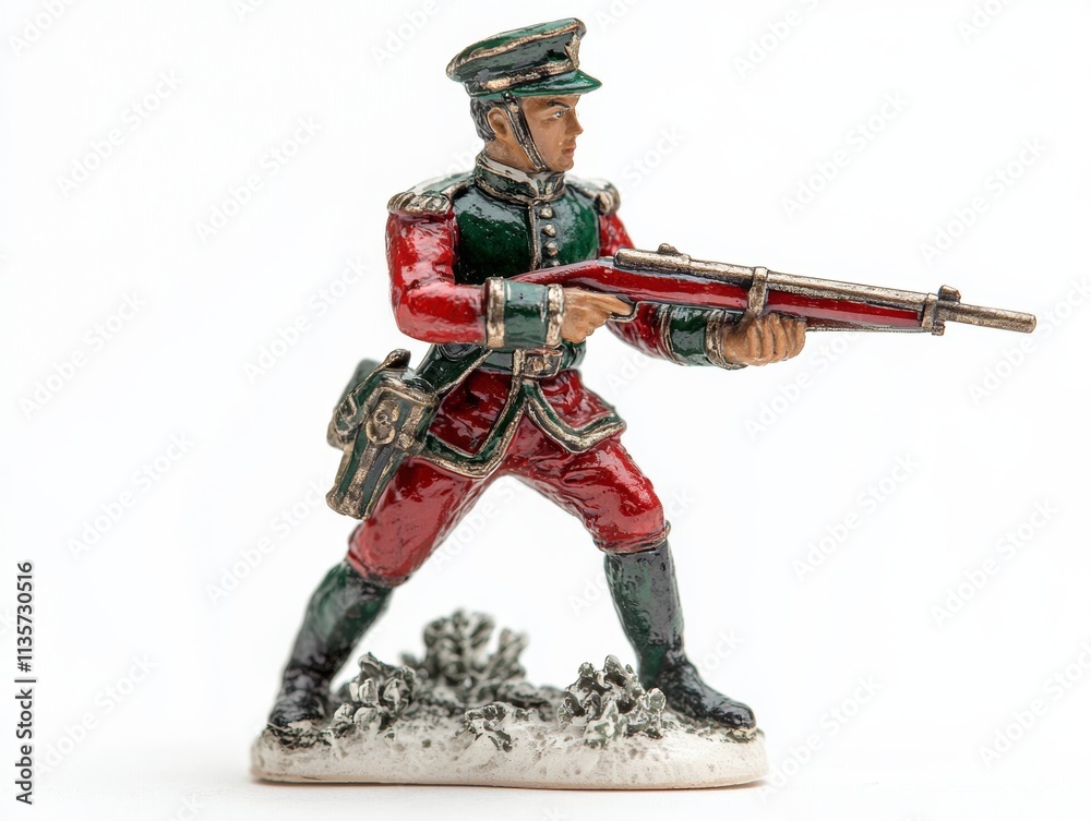 A detailed figurine of a soldier in historical attire, holding a rifle and posed ready for action, showcasing craftsmanship and attention to detail.
