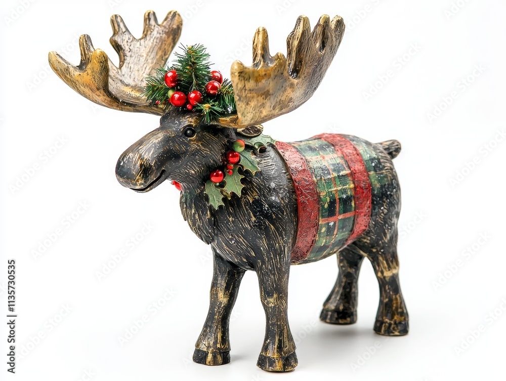 Obraz premium A festive decorative moose figurine adorned with a holiday wreath, featuring red berries and a patterned belt, perfect for Christmas decor.