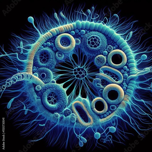 Nostoc cyanobacteria filaments stained with DAPI to visualize DN photo