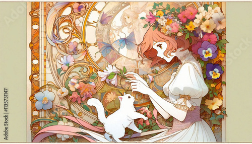 A cel-style illustration of a cat and a girl.generated by AI.