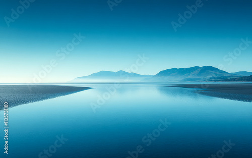 Calm blue waters reflect distant mountains under a clear sky at dawn