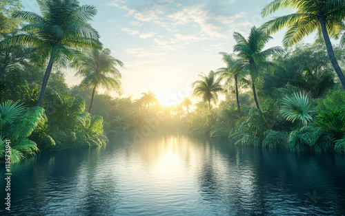 Tranquil river flowing through lush tropical forest at sunrise with vibrant greenery