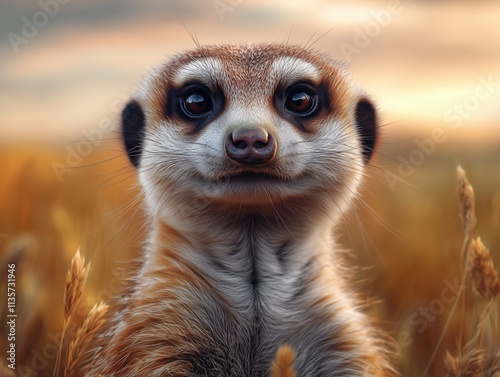 Close Up Portrait of Meerkat, Suricate, African Mongoose in Grassland Habitat