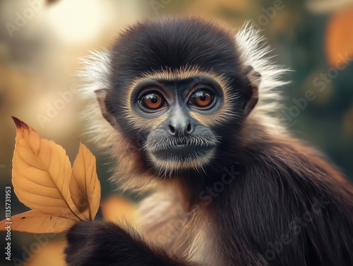 Close Up Portrait of Leaf Monkey in Tropical Forest, Wild Primate