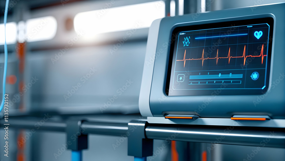 Obraz premium Plain blue background with AI powered health monitor concept as AI powered health monitor against a plain blue background representing AI in healthcare innovation with ample copy space in Photo Stock