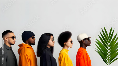 Crystal-clear shot of a diverse group of friends, varying body types, casual setting photo