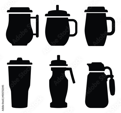 Set of silhouetted drinkware and kitchenware vector illustration