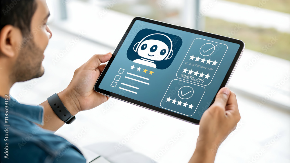 Developer Testing AI Chatbot on Tablet with Digital Assistant Icon - Focus on User Experience and Capabilities in Stock Photo Concept Developer Testing AI Chatbot on Tablet with Digital Assistant Icon - Focus on User Experience and Capabilities in Stock Photo Concept