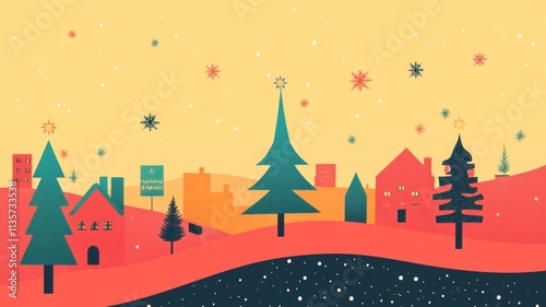 A Retro Christmas Town Snowscape Illustration.