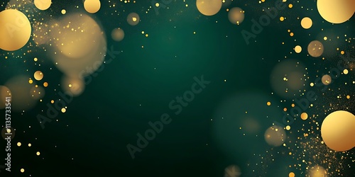 Yellow and gold circles abstract background. Bokeh shining particles on dark green background, Generative Ai