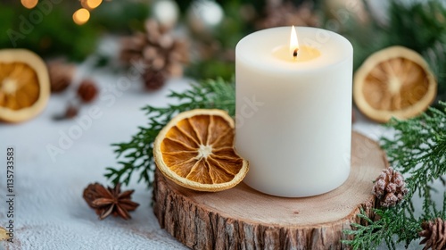 A festive arrangement featuring a white candle on rustic wooden boards, highlighted by dried orange slices and greenery, on white