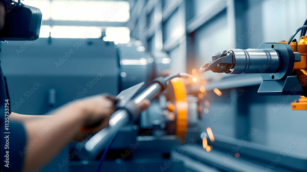 Fototapeta premium Technician wearing VR headset for machine training concept as Technician using VR headset to train on machine operations showcasing AI enhanced training in industry with ample copy space in Photo Sto