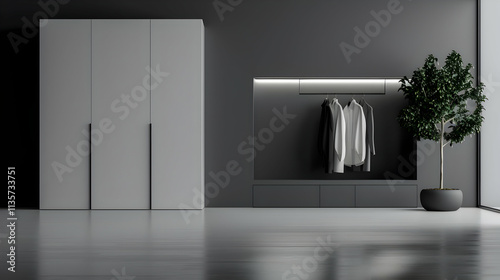 Crystal-clear shot of a minimalist wardrobe, monochrome clothes, perfect organization photo