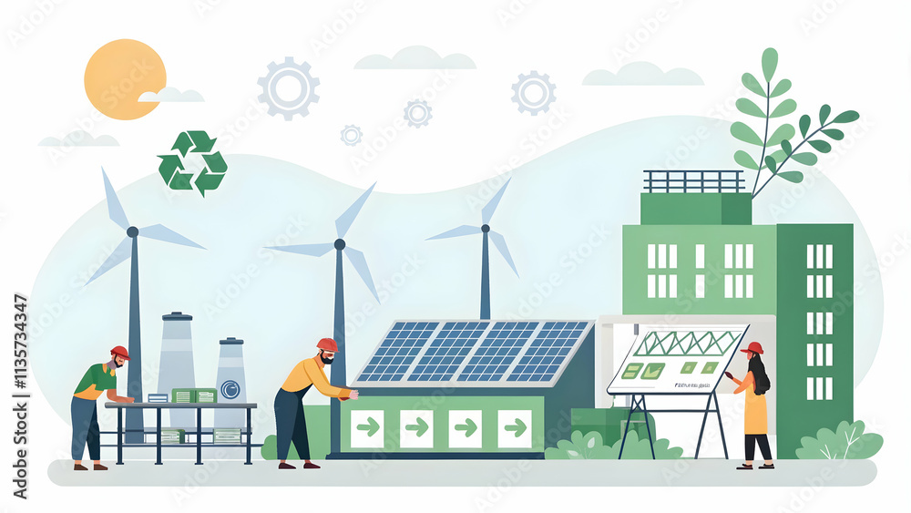 Fototapeta premium Eco-Friendly Manufacturing Team Utilizing Renewable Energy in Production Facility with Copy Space