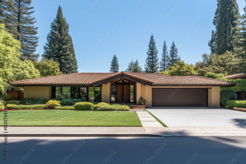 Modern single-story house with landscaped yard under clear blue sky in suburban area