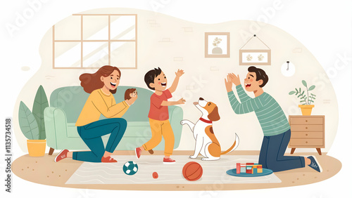 Joyful Family Playing with Pets in Living Room Capturing Playful Interactions | Indoor Fun with Ample Copy Space Below