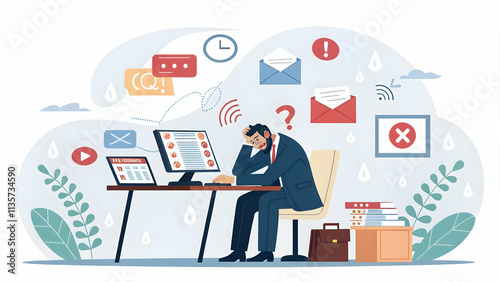 Businessman overwhelmed by digital notifications concept as A professional man in a suit sits at his desk surrounded by multiple devices emitting numerous notifications symbolizing information overloa photo