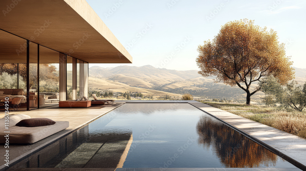 Contemporary house by the pool overlooking serene hills during golden hour Contemporary house by the pool overlooking serene hills during golden hour