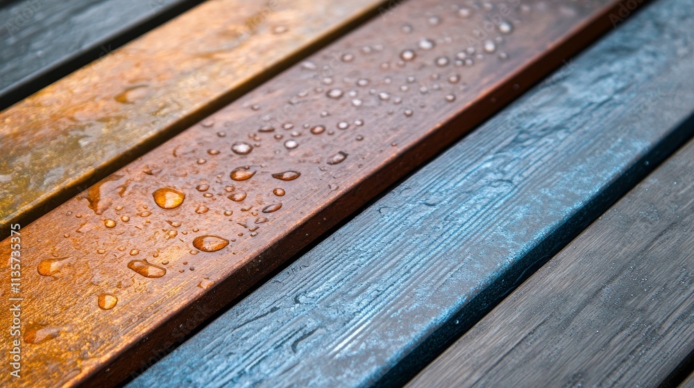 Close-up of water droplet on colored wooden planks, showcasing texture and natural beauty. Close-up of water droplet on colored wooden planks, showcasing texture and natural beauty.