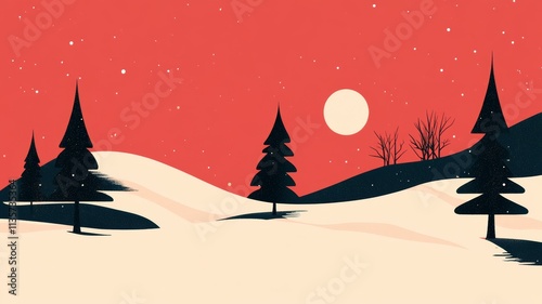 Peaceful Winter Night Landscape with Silhouetted Trees and a Full Moon.