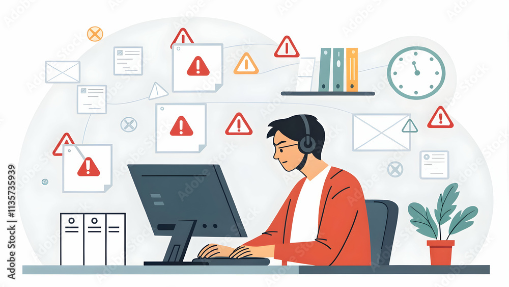 IT specialist managing multiple system alerts concept as An IT professional is shown at a workstation with numerous system alerts and notifications popping up on the screen representing the challenges IT specialist managing multiple system alerts concept as An IT professional is shown at a workstation with numerous system alerts and notifications popping up on the screen representing the challenges