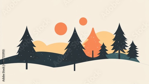 Wallpaper Mural Abstract Winter Landscape with Pine Trees and Sunset. Torontodigital.ca