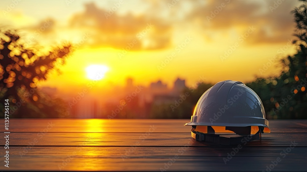 White hard hat rests on wooden surface at sunset. White hard hat rests on wooden surface at sunset.