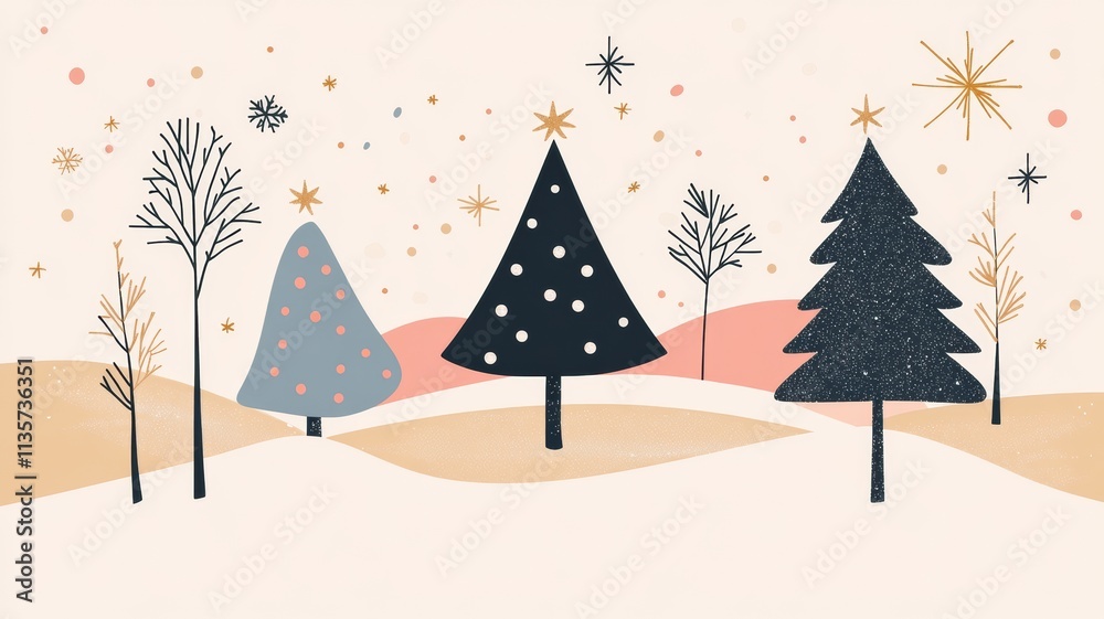 Obraz premium Christmas Winter Landscape with Stylized Trees and Festive Elements.