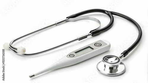 Digital Thermometer and Stethoscope on White Background - Healthcare Tools Innovation Concept with Copy Space