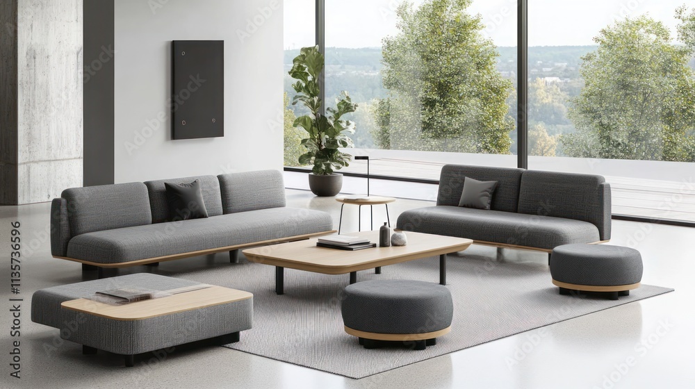 Modern, comfortable, and stylish lounge area with sectional sofa, side tables, and poufs. Large windows showcasing a scenic view. Modern, comfortable, and stylish lounge area with sectional sofa, side tables, and poufs. Large windows showcasing a scenic view.