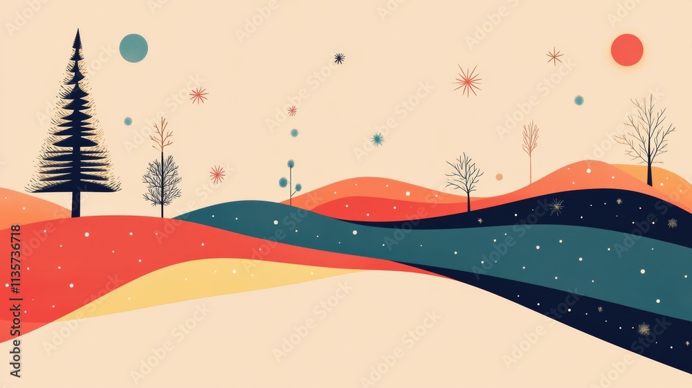 Naklejka premium Abstract Winter Landscape with Pine Tree and Rolling Hills.