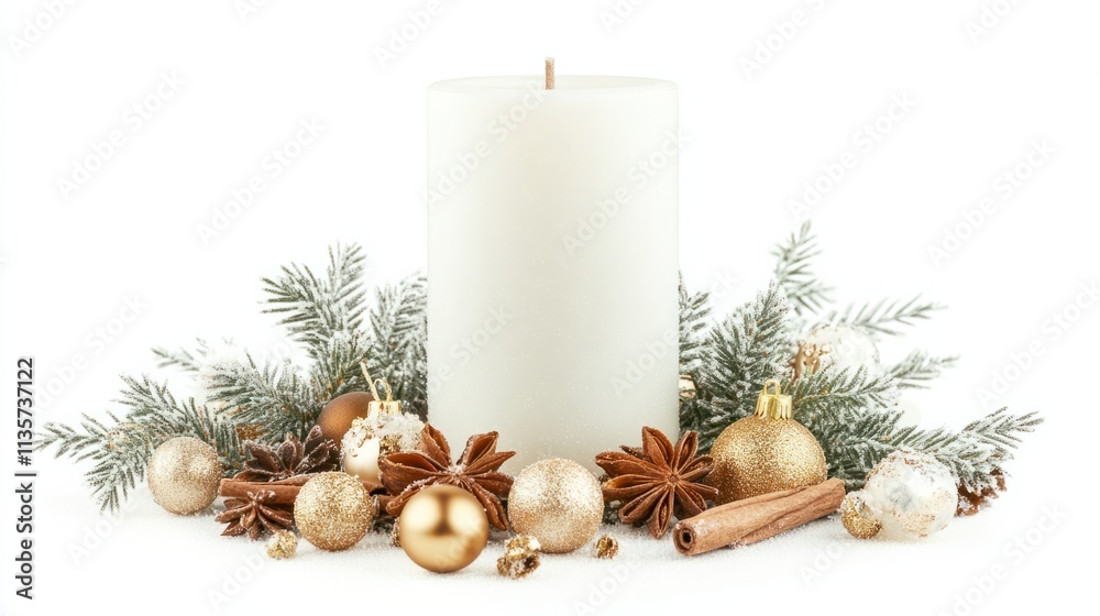 A tall white Christmas candle surrounded by frosted greenery, cinnamon sticks, and golden baubles, isolated on a white background A tall white Christmas candle surrounded by frosted greenery, cinnamon sticks, and golden baubles, isolated on a white background