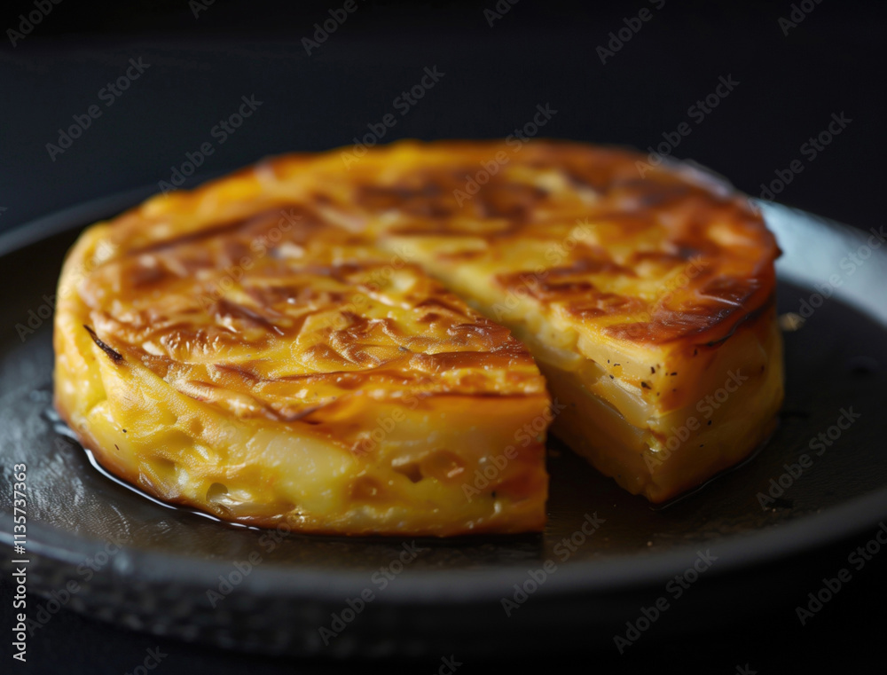 Rustic Spanish Tortilla Espanola, close up food shot on dark background Rustic Spanish Tortilla Espanola, close up food shot on dark background
