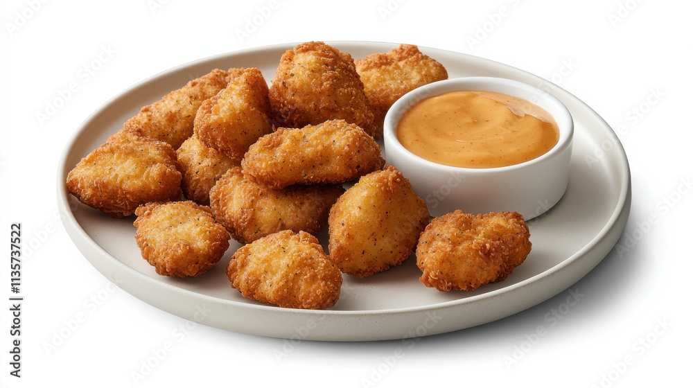 A plate of chicken nuggets with a small dipping sauce. A plate of chicken nuggets with a small dipping sauce.