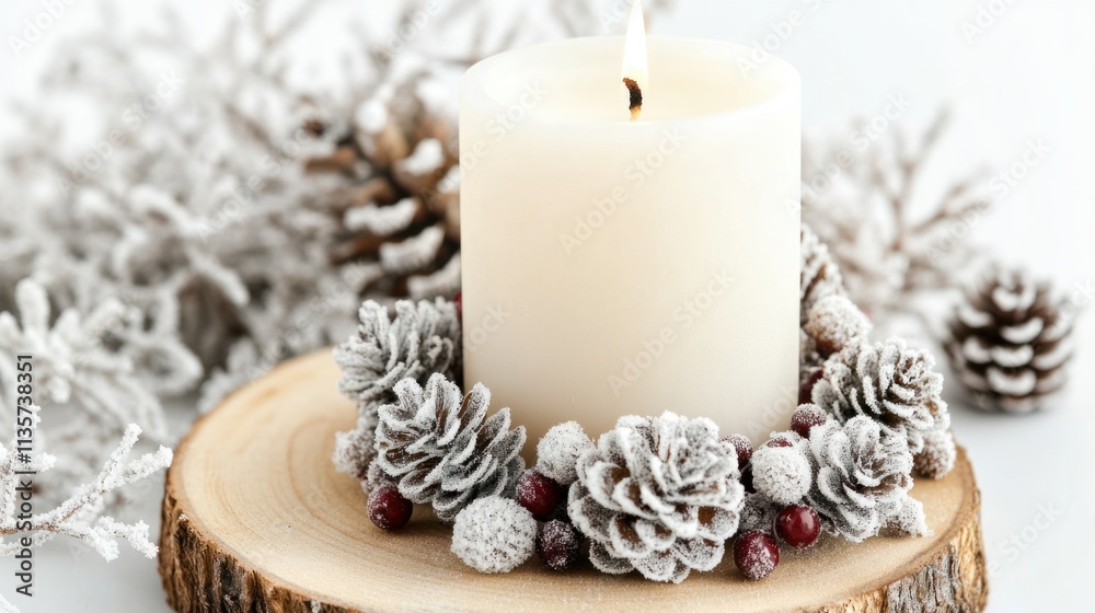 A white Christmas candle on wooden boards with a decorative ring of frosted pinecones and berries, isolated on white A white Christmas candle on wooden boards with a decorative ring of frosted pinecones and berries, isolated on white