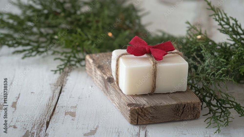 A white Christmas candle wrapped with twine and a small red bow, placed on rustic wooden boards with greenery, on white A white Christmas candle wrapped with twine and a small red bow, placed on rustic wooden boards with greenery, on white