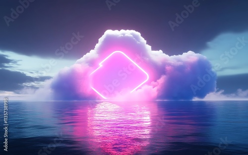 Cloud with glowing neon lines and water surface, 3d rendering, Generative Ai