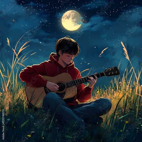 A red hoodie boy playing guitar under the moonlight in the grasslands