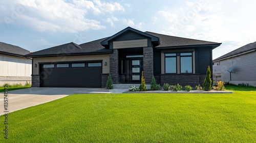 Modern single-story house with landscaped yard and driveway.