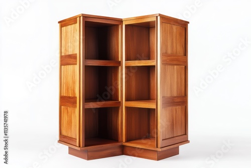 Corner wooden bookcase with shelves, mid-century modern style.