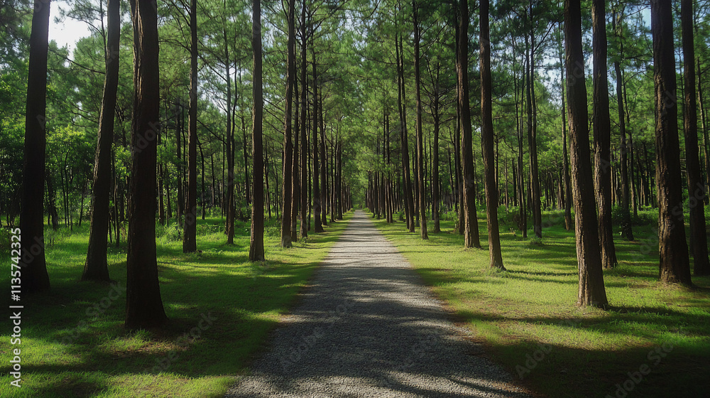 Sunlit path through a lush pine forest. Sunlit path through a lush pine forest.