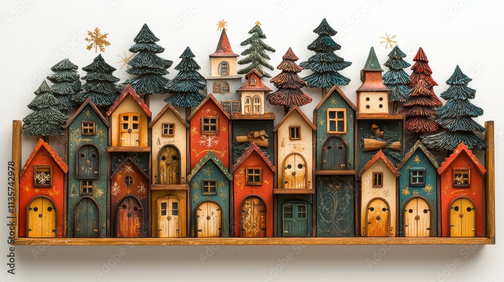 A colorful display of whimsical wooden houses nestled among evergreen trees, showcasing intricate designs and a charming, festive atmosphere. A colorful display of whimsical wooden houses nestled among evergreen trees, showcasing intricate designs and a charming, festive atmosphere.